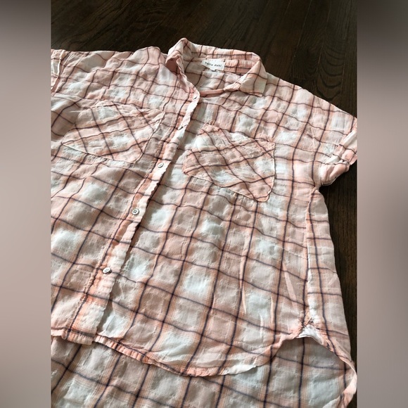 Bella Dahl Women’s S Orange/White Rolled Short-Sleeve Semi-Sheer Button-Down Top - Picture 3 of 9